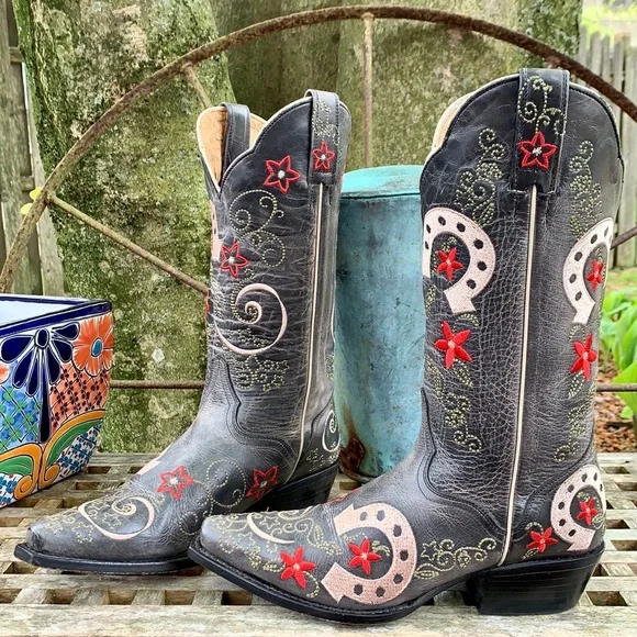 JB Dillon J.B. Dillon Near-NEW Lucky Horseshoe Cowgirl Cowboy Western Boots 7.5 - Picture 3 of 9